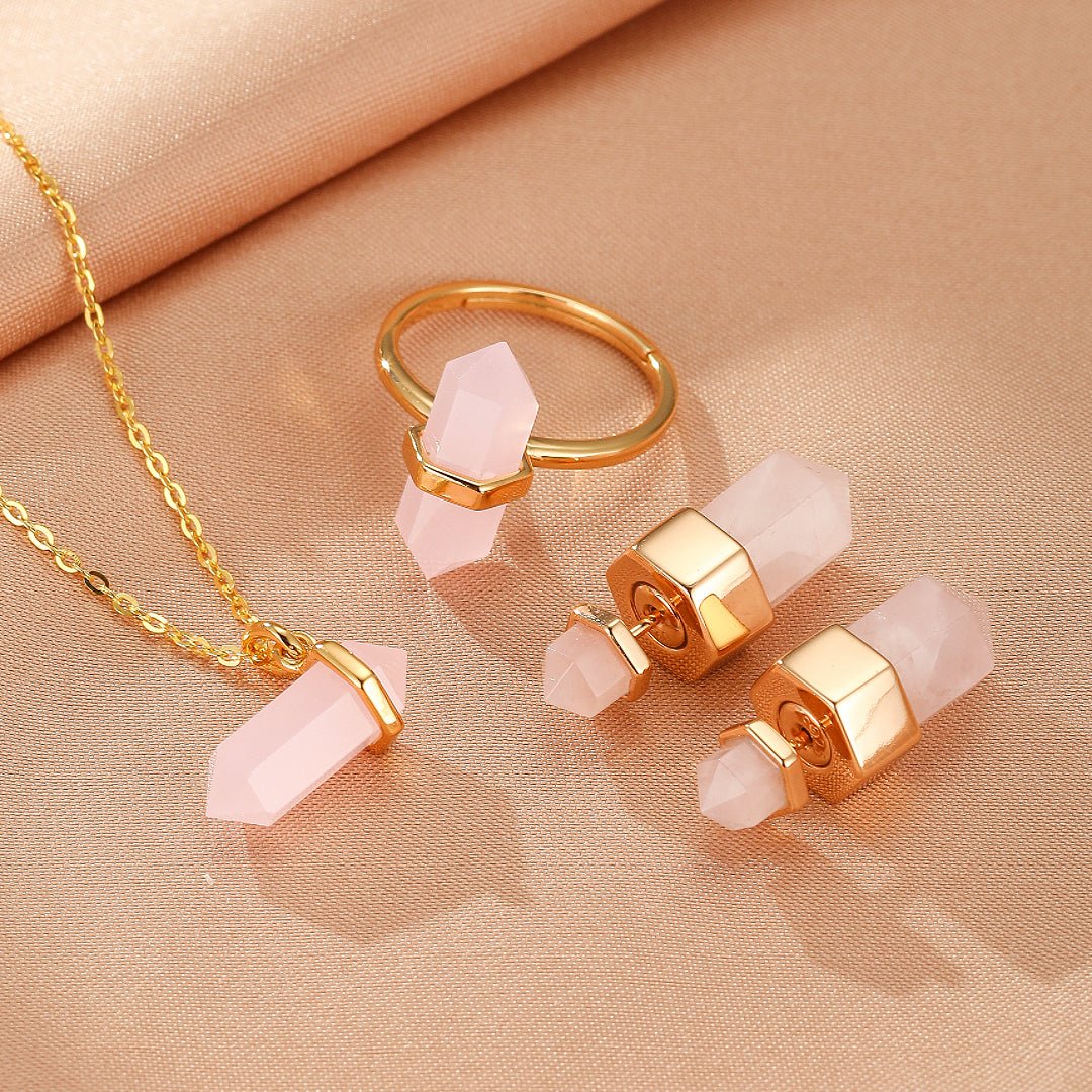 Collier Quartz Rose Double Pointe – Bijou Argent Plaqué Or 10K - Biloria