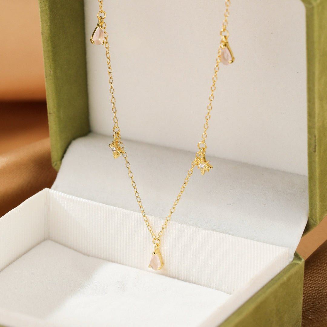 Collier Quartz Rose et Argent Plaqué Or Pendentif Étoile - Biloria