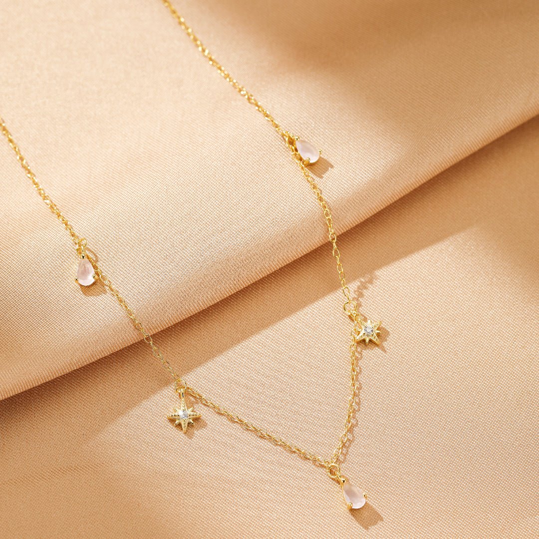 Collier Quartz Rose et Argent Plaqué Or Pendentif Étoile - Biloria