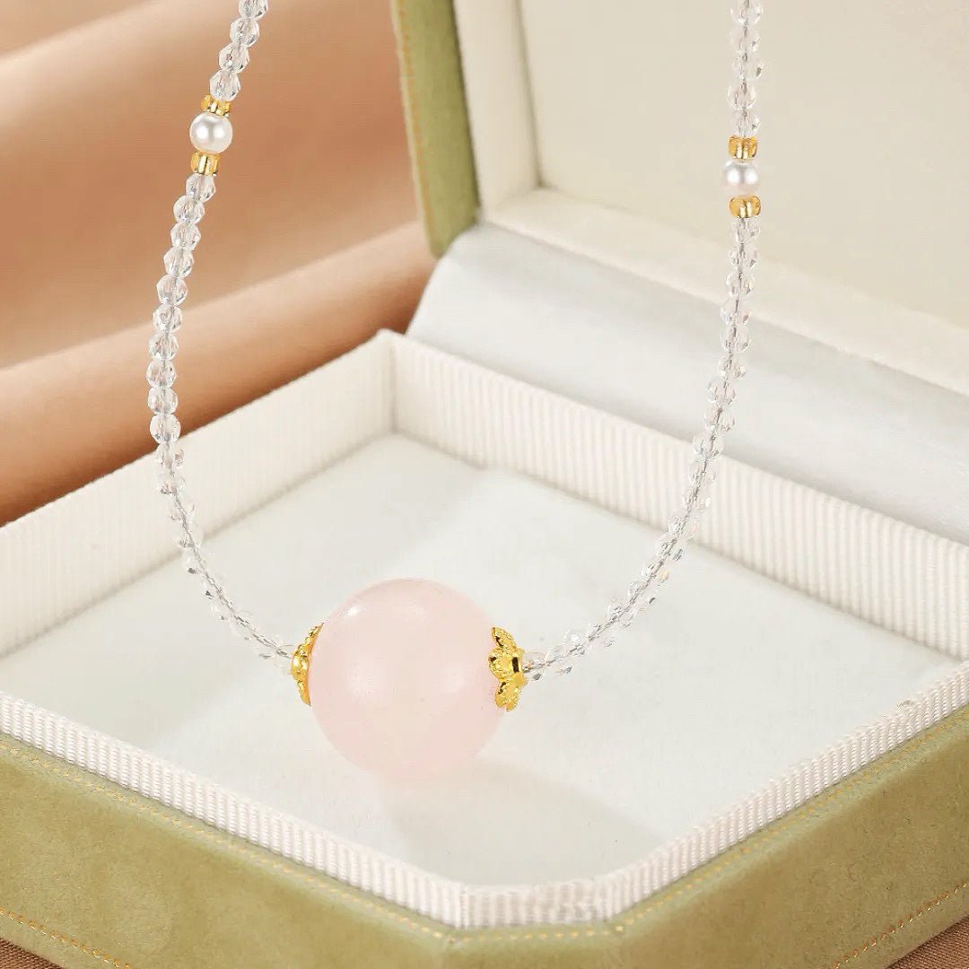 Collier Quartz Rose et Cristal de Roche Sphère Intuitive en Fil Doré - Biloria