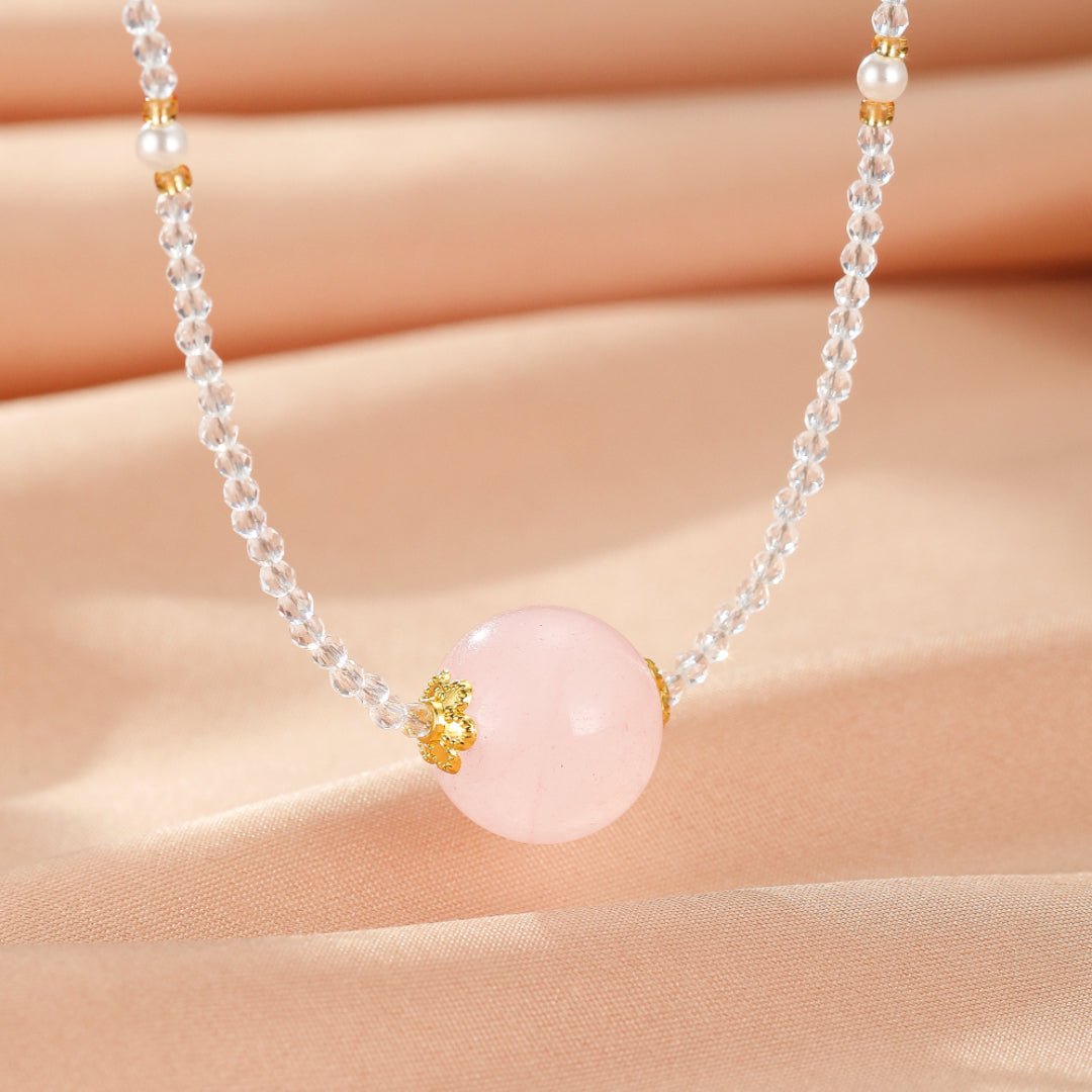 Collier Quartz Rose et Cristal de Roche Sphère Intuitive en Fil Doré - Biloria