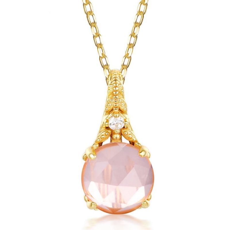 Collier Quartz Rose et Zircon, Argent Plaqué Or – Bijou Floral - Biloria