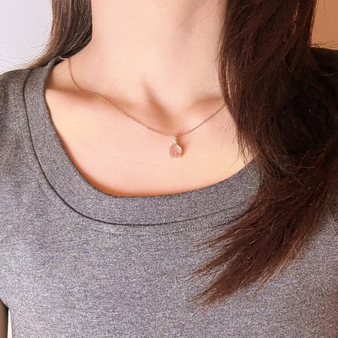 Collier Quartz Rose et Zircon, Argent Plaqué Or – Bijou Floral - Biloria