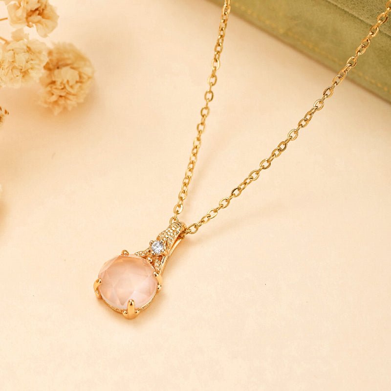 Collier Quartz Rose et Zircon, Argent Plaqué Or – Bijou Floral - Biloria