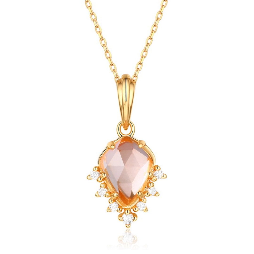 Collier Quartz Rose Goutte Étoilée avec Zircons Argent Plaqué Or 9K - Biloria