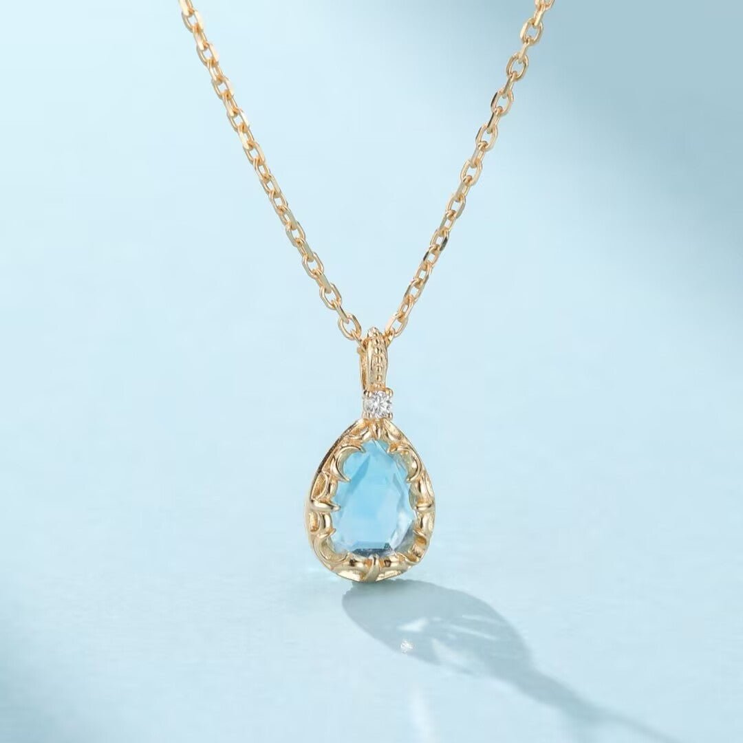 Collier Topaze Bleue Goutte, Argent 925 Plaqué Or 14K - Biloria