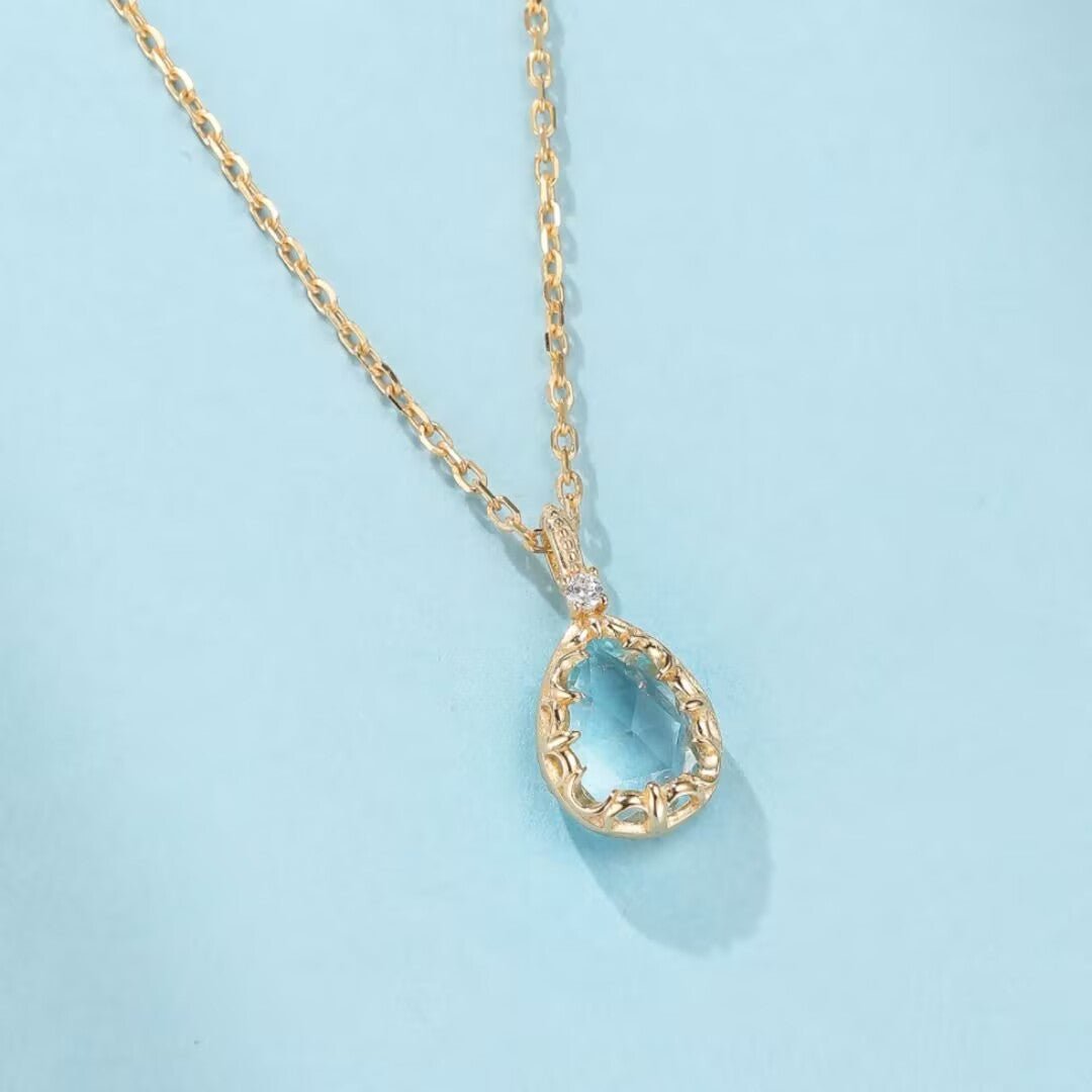 Collier Topaze Bleue Goutte, Argent 925 Plaqué Or 14K - Biloria