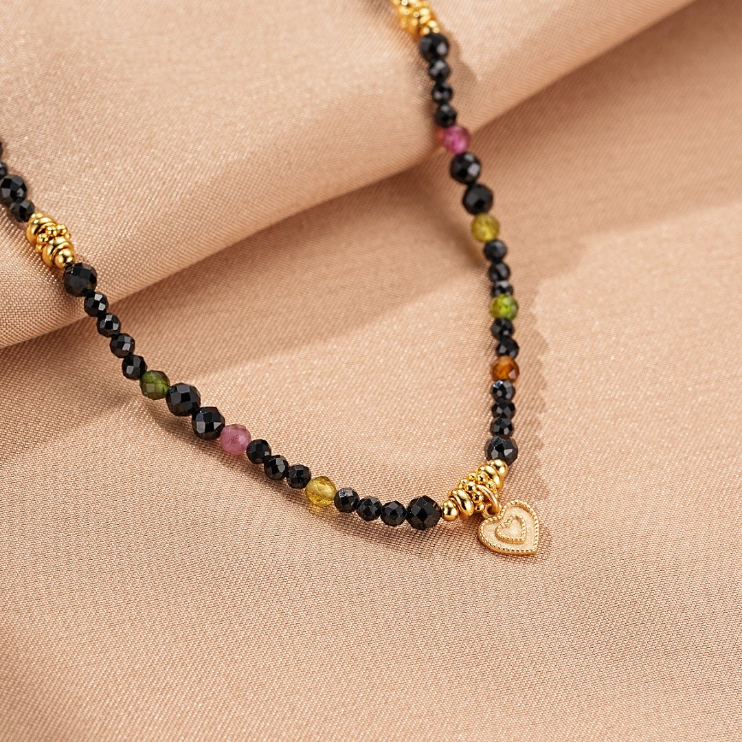 Collier Tourmaline Spinelle Noire Cœur Argent Plaqué Or - Biloria