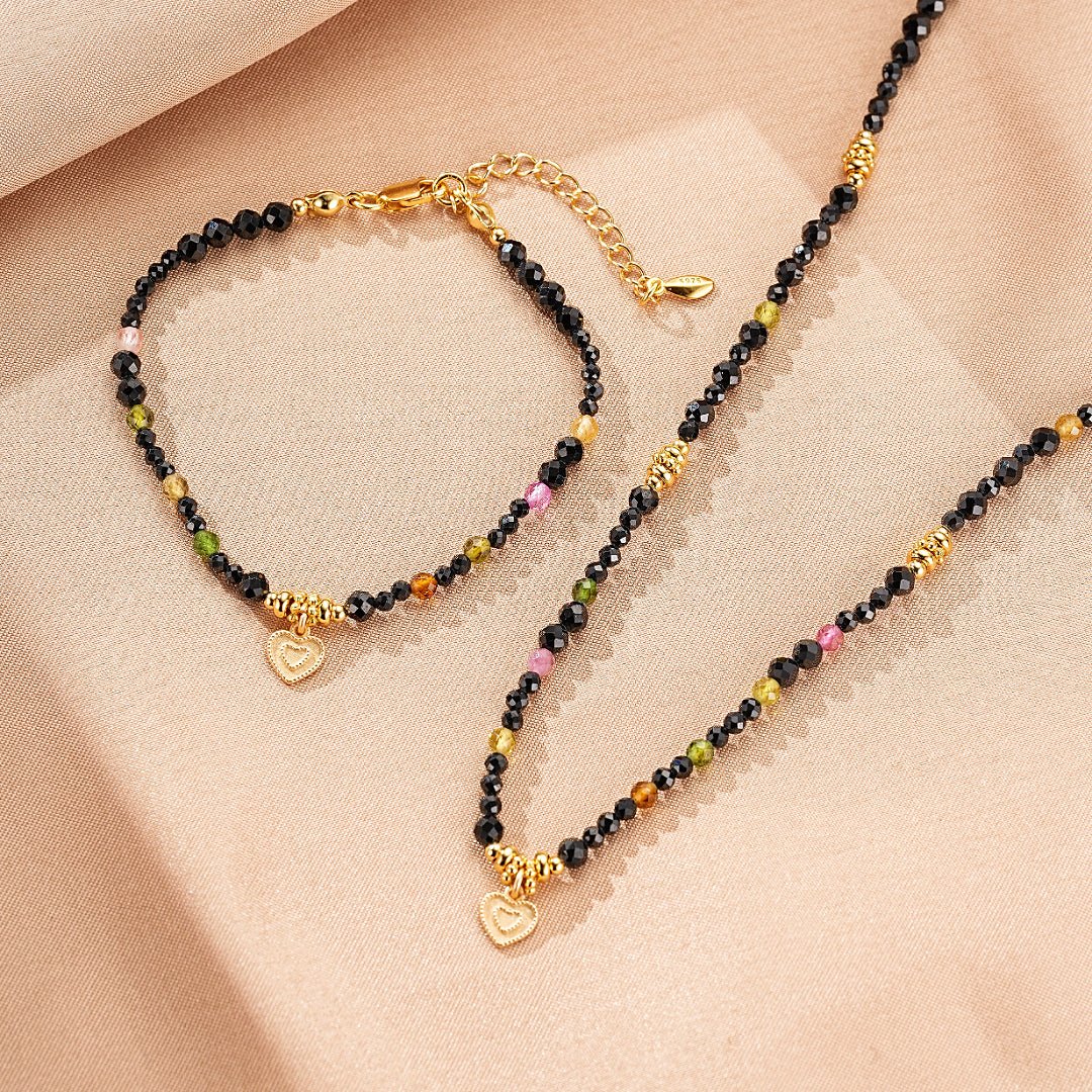 Collier Tourmaline Spinelle Noire Cœur Argent Plaqué Or - Biloria