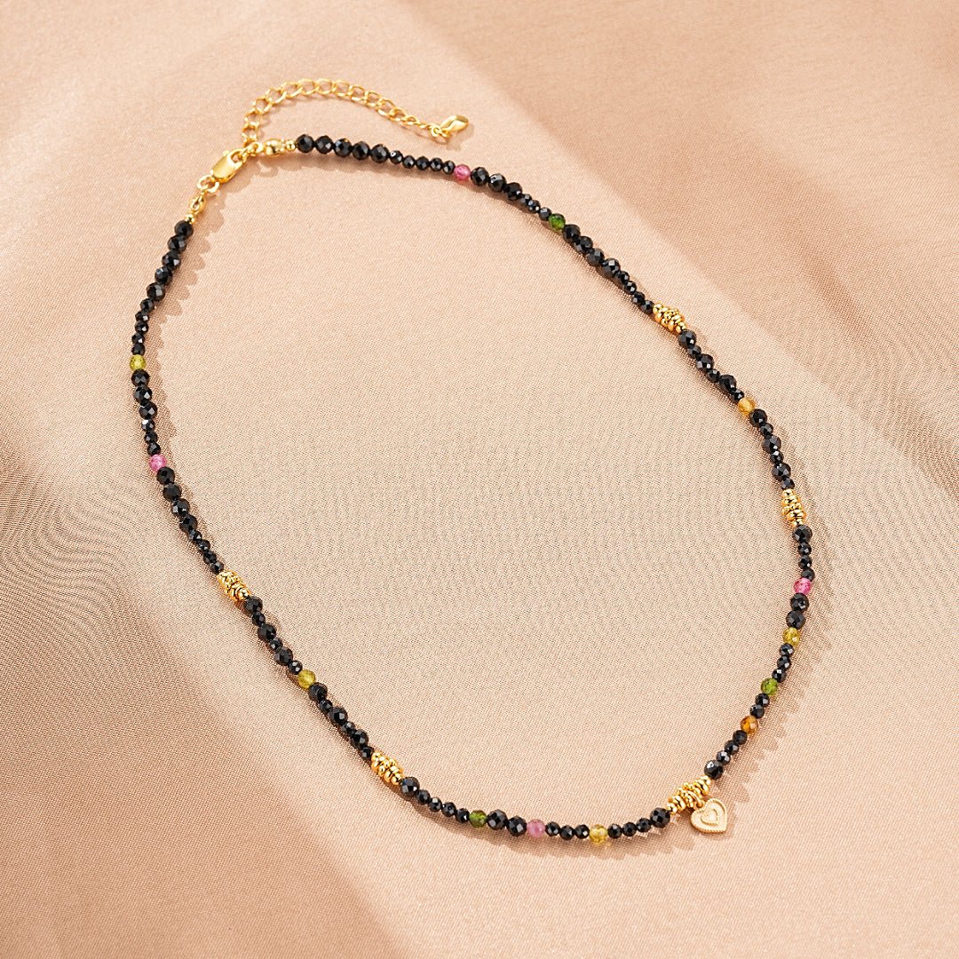 Collier Tourmaline Spinelle Noire Cœur Argent Plaqué Or - Biloria