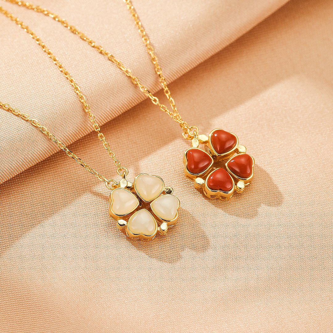 Collier Trèfle Cœur Jade ou Agate Rouge – Chance et Amour - Biloria