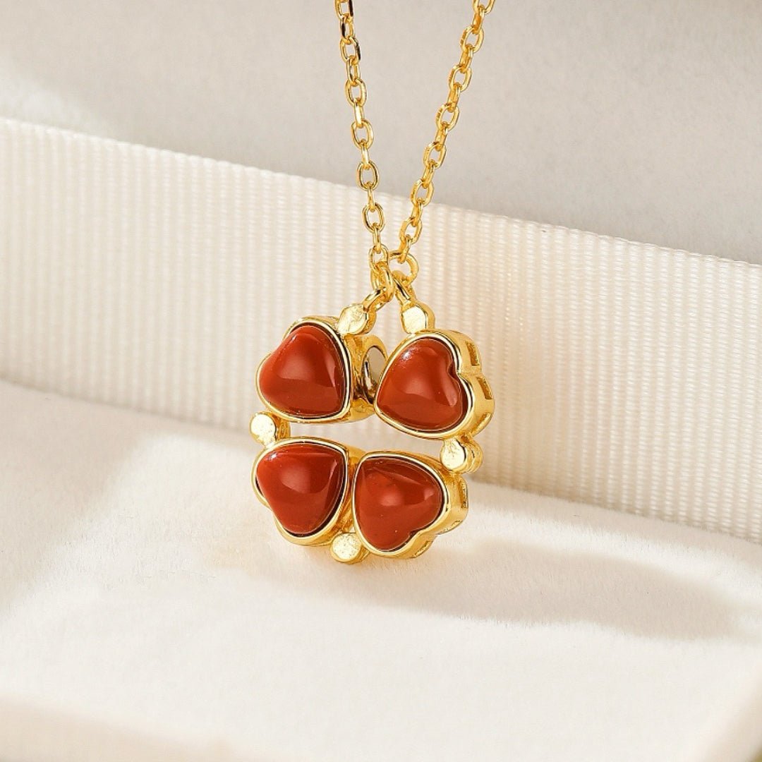 Collier Trèfle Cœur Jade ou Agate Rouge – Chance et Amour - Biloria