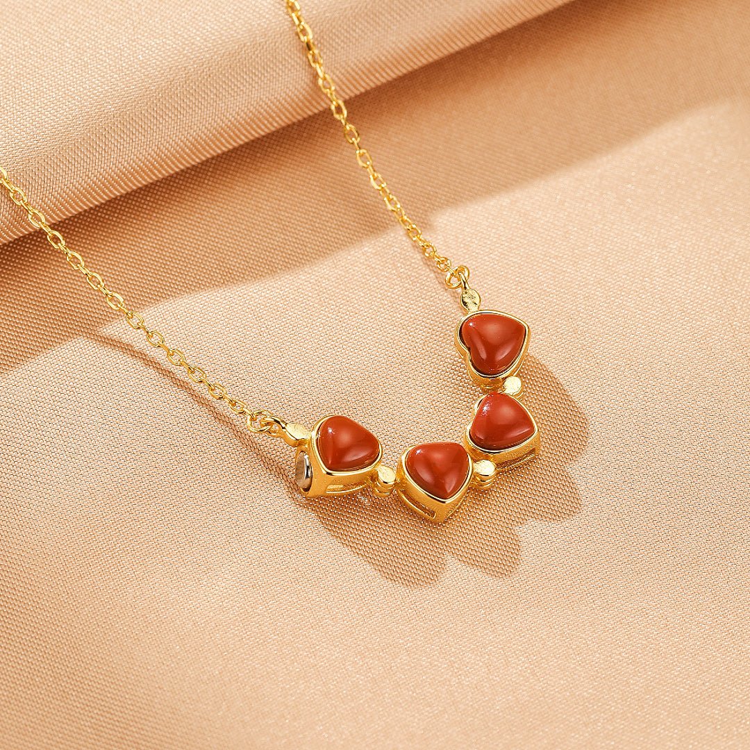 Collier Trèfle Cœur Jade ou Agate Rouge – Chance et Amour - Biloria