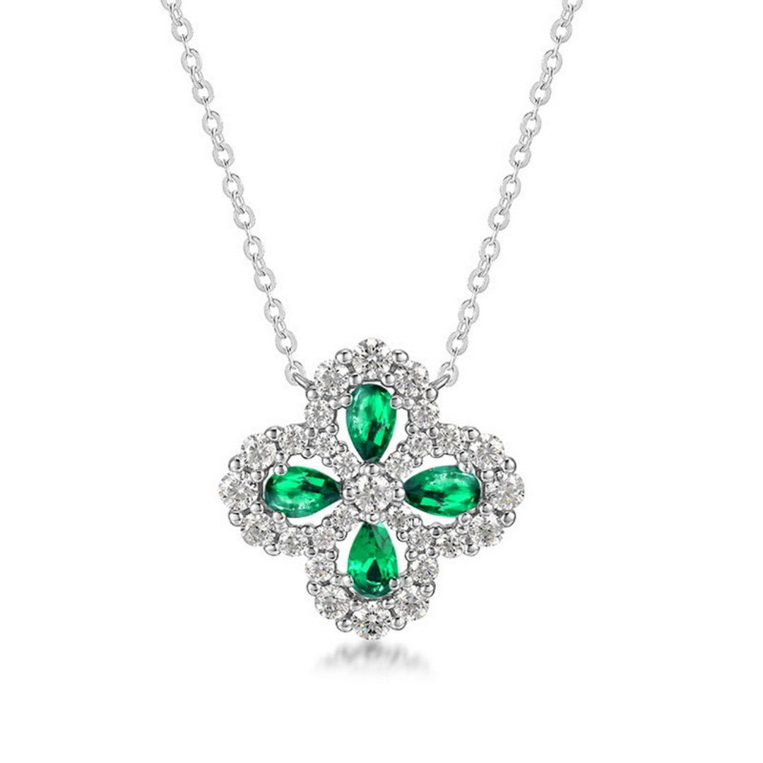 Collier Trèfle Émeraude Argent Plaqué Platine – Talisman Chance - Biloria