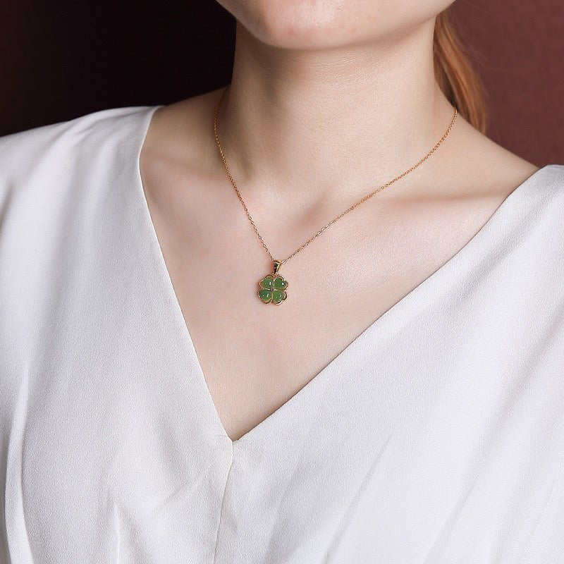 Collier Trèfle en Pierre de Jade | Argent 925 et Or - Biloria