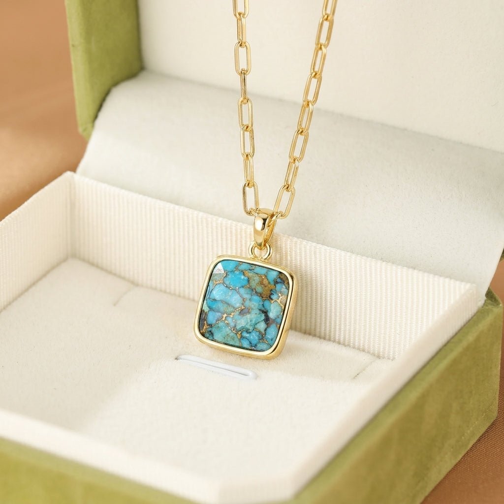 Collier Turquoise Carré Cyan Argent Plaqué Or Feng Shui - Biloria