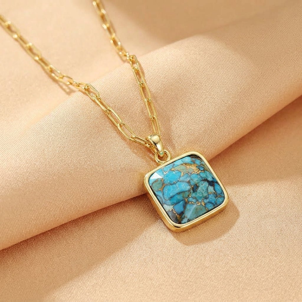 Collier Turquoise Carré Cyan Argent Plaqué Or Feng Shui - Biloria