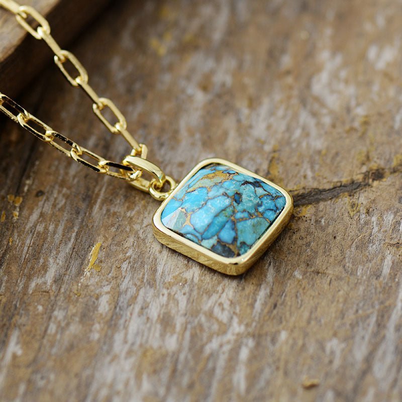 Collier Turquoise Carré Cyan Argent Plaqué Or Feng Shui - Biloria