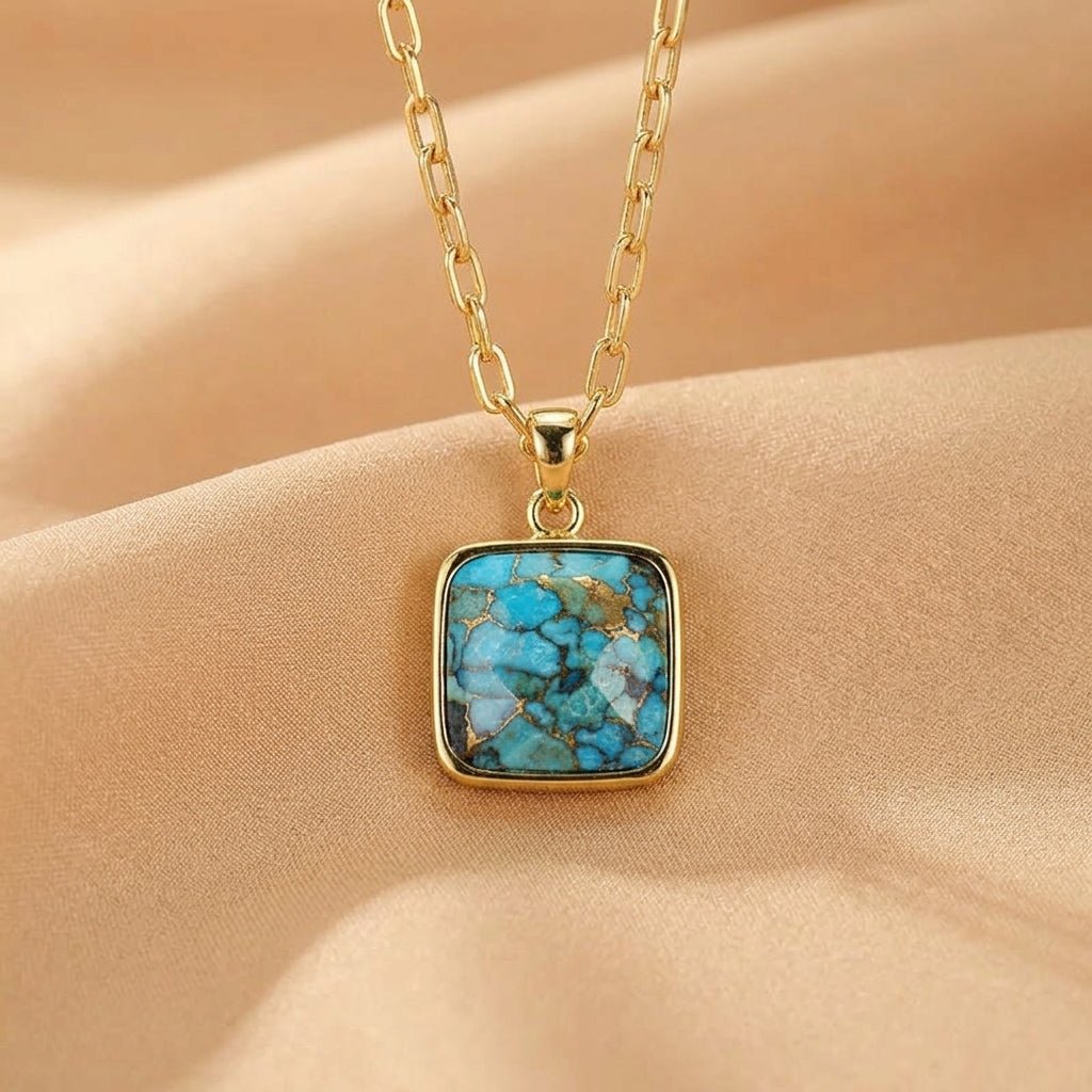 Collier Turquoise Carré Cyan Argent Plaqué Or Feng Shui - Biloria