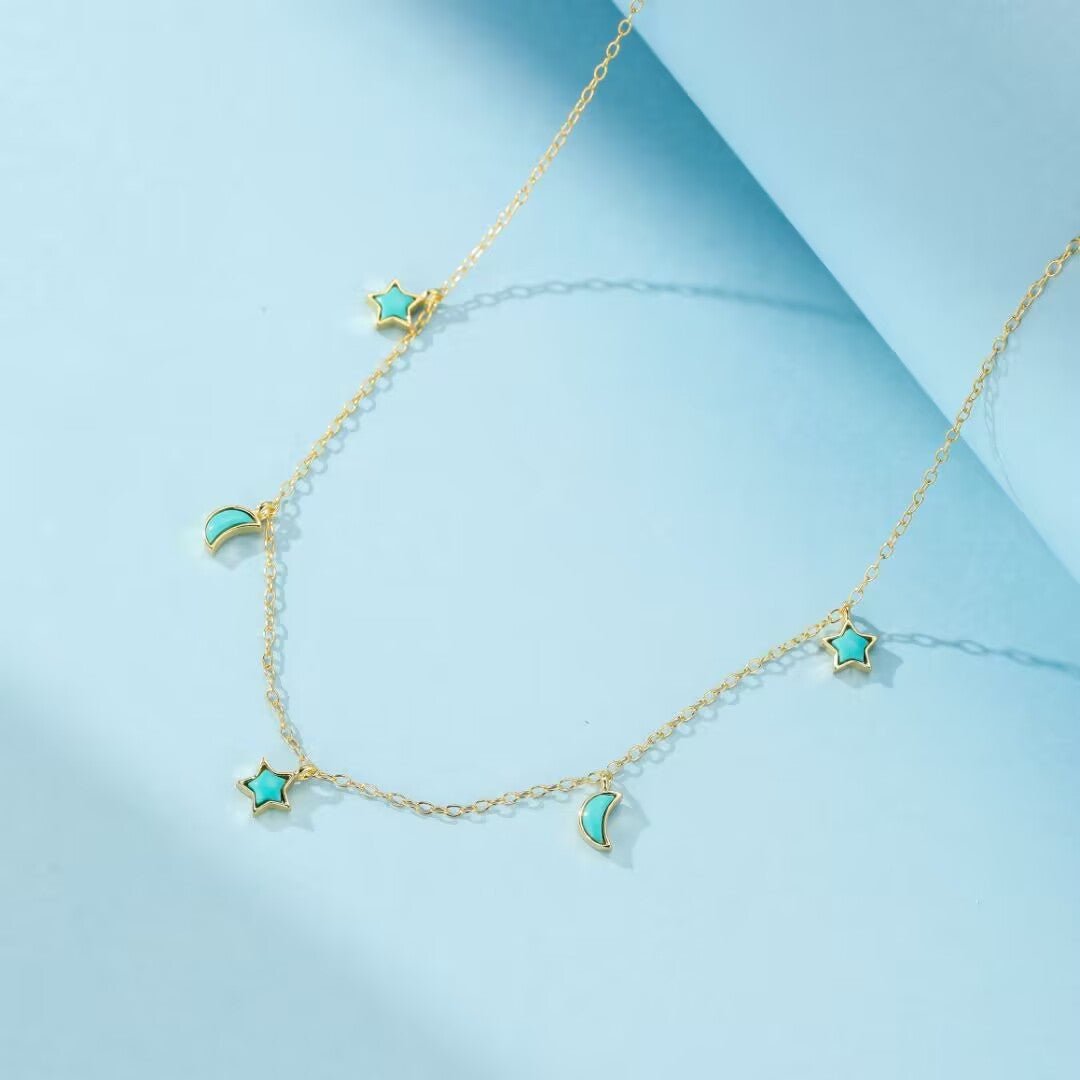 Collier Turquoise Céleste Argent Plaqué Or - Bijou Protection - Biloria