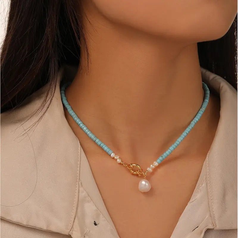 Collier Turquoise et Perle d'Eau Douce - Argent Plaqué Or 43 cm - Biloria