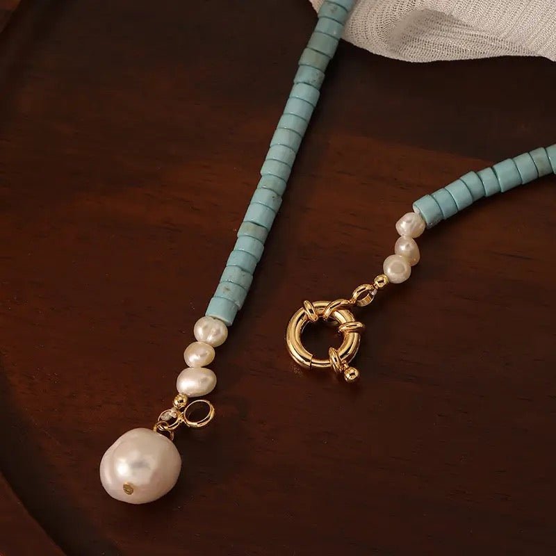 Collier Turquoise et Perle d'Eau Douce - Argent Plaqué Or 43 cm - Biloria