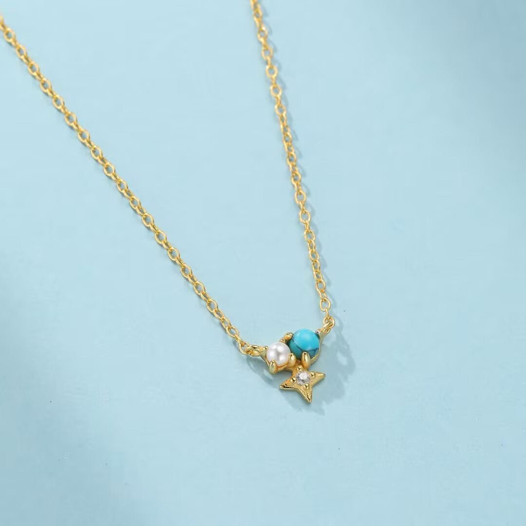 Collier Turquoise Perle Zircon Argent Plaqué Or - Biloria
