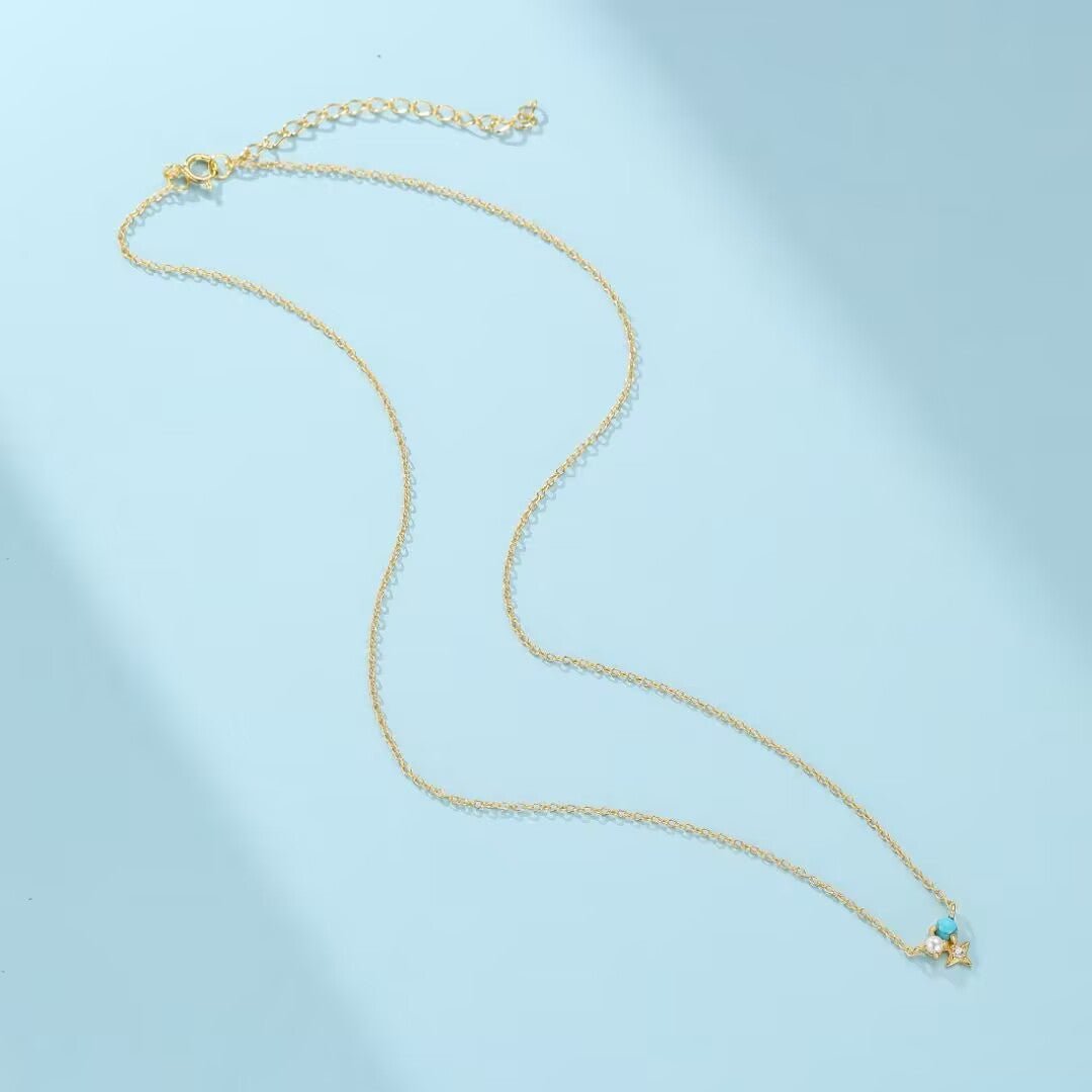 Collier Turquoise Perle Zircon Argent Plaqué Or - Biloria
