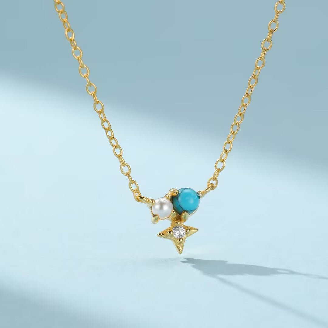 Collier Turquoise Perle Zircon Argent Plaqué Or - Biloria