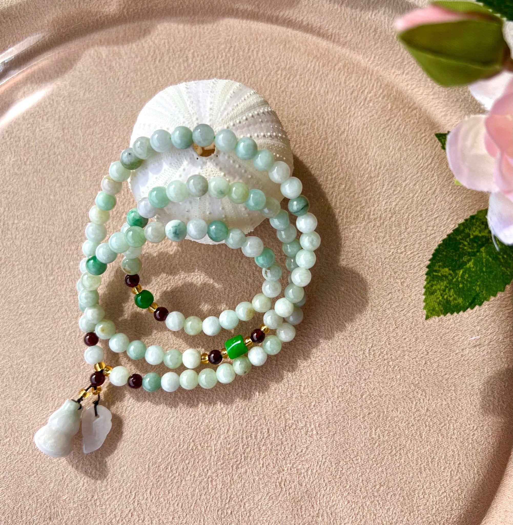Mâlâ 88 perles Jade et Grenat Passion – Collier méditation - Biloria