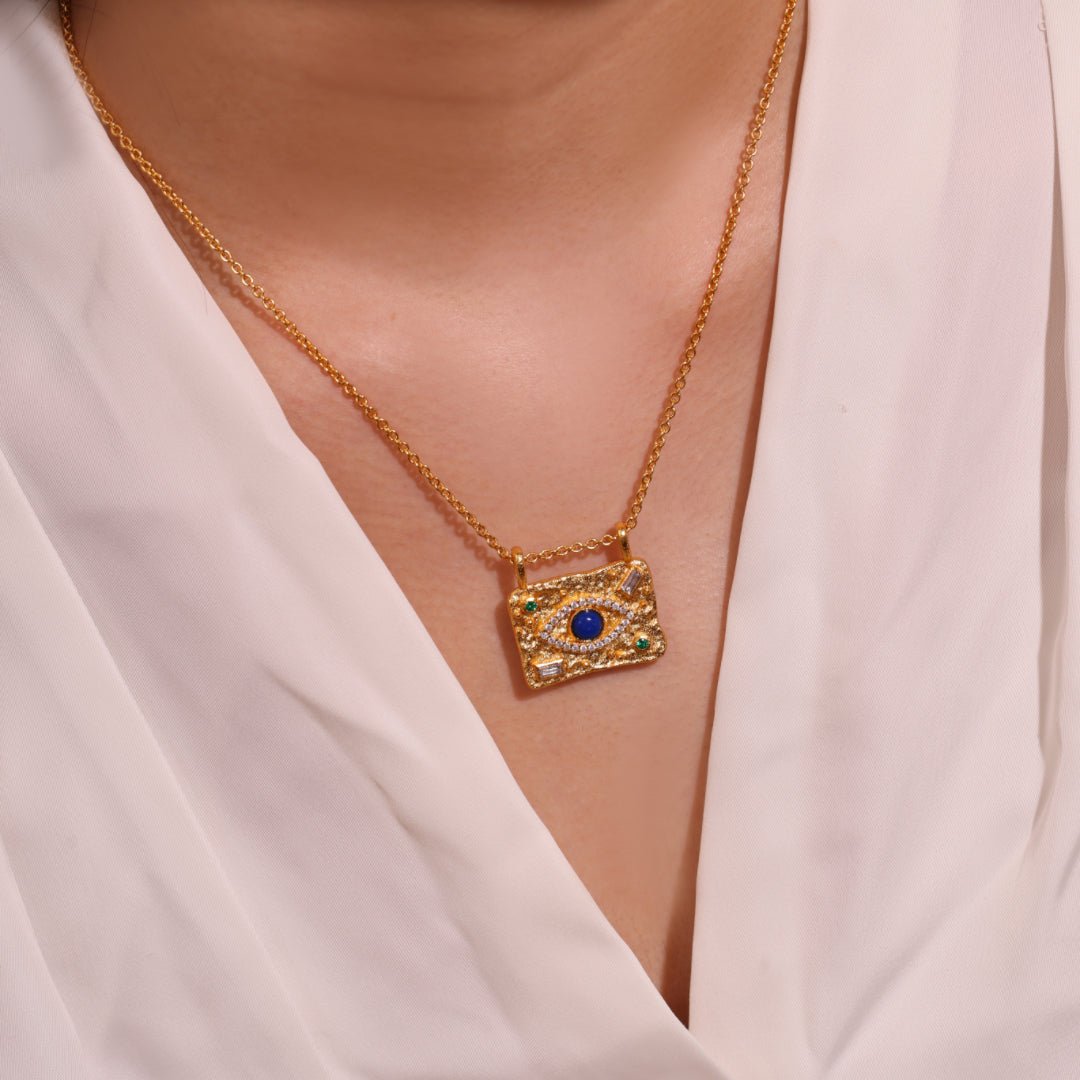 Offrir un Collier Lapis Lazuli Œil Protecteur Argent Plaqué Or - Biloria