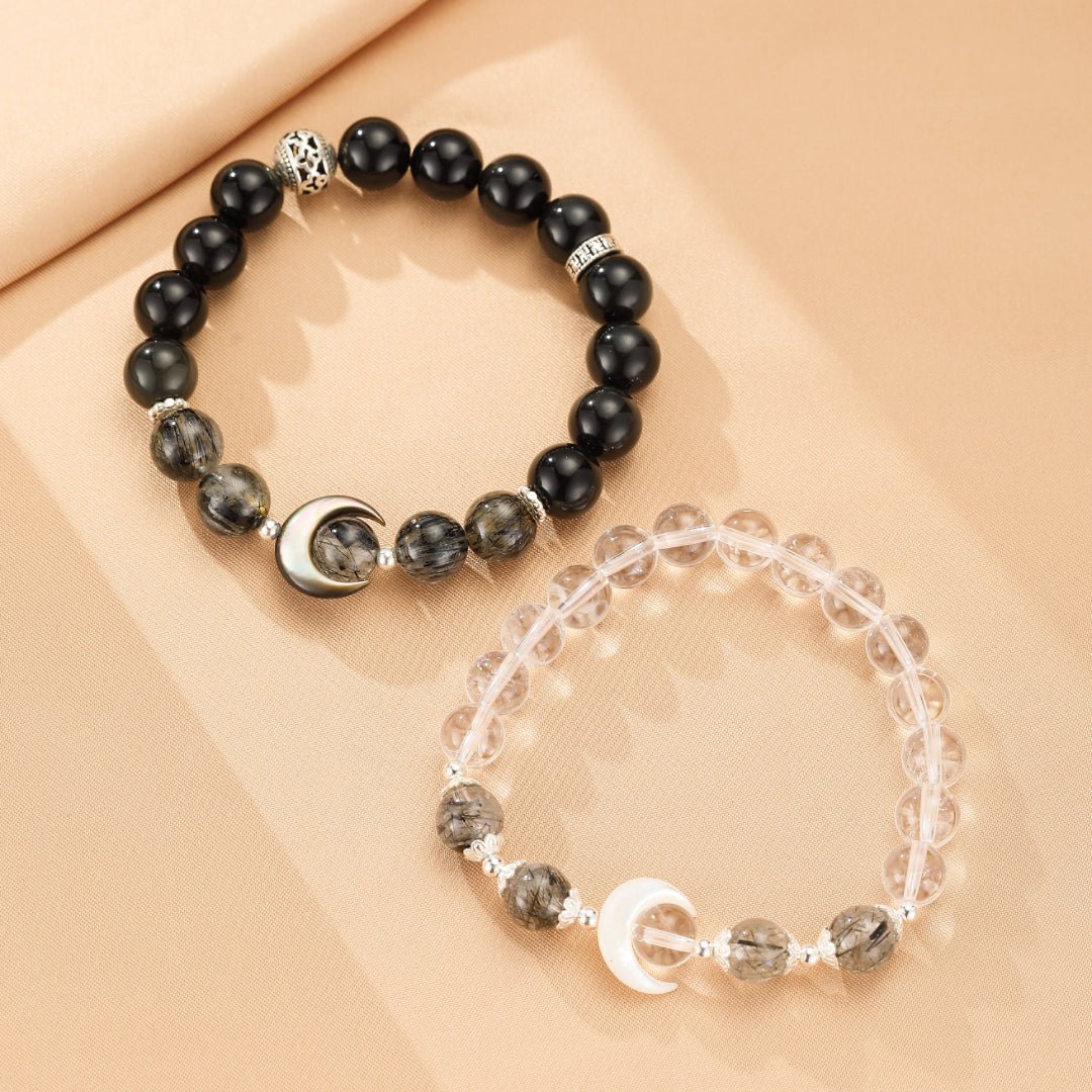 Paire de Bracelets Couple Obsidienne Cristal de Roche Nacre - Biloria