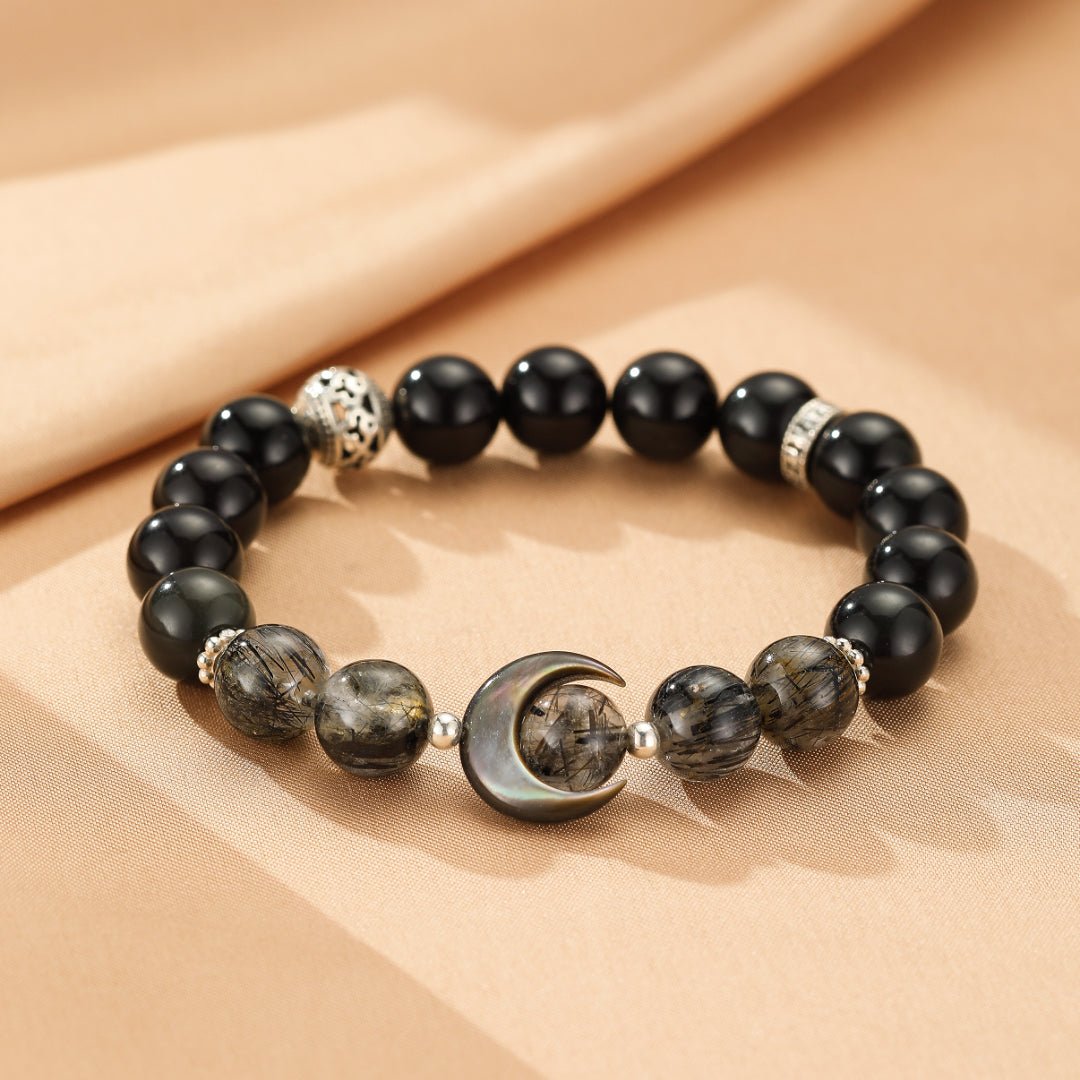 Paire de Bracelets Couple Obsidienne Cristal de Roche Nacre - Biloria