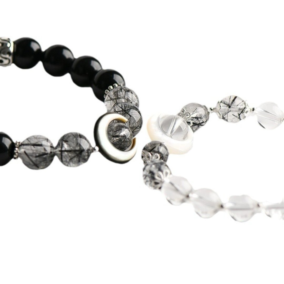Paire de Bracelets Couple Obsidienne Cristal de Roche Nacre - Biloria