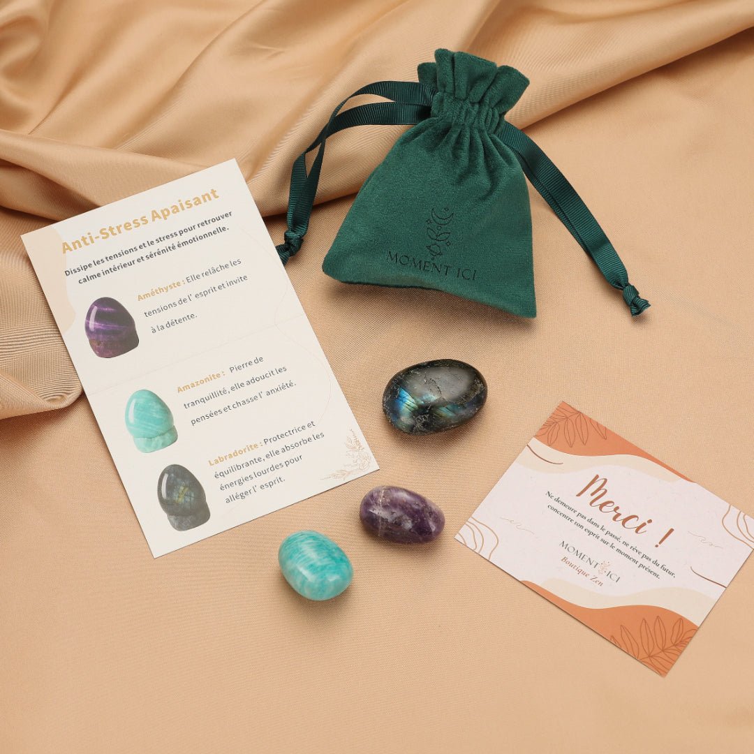 Pochon de pierres roulées améthyste amazonite labradorite anti-stress - Biloria