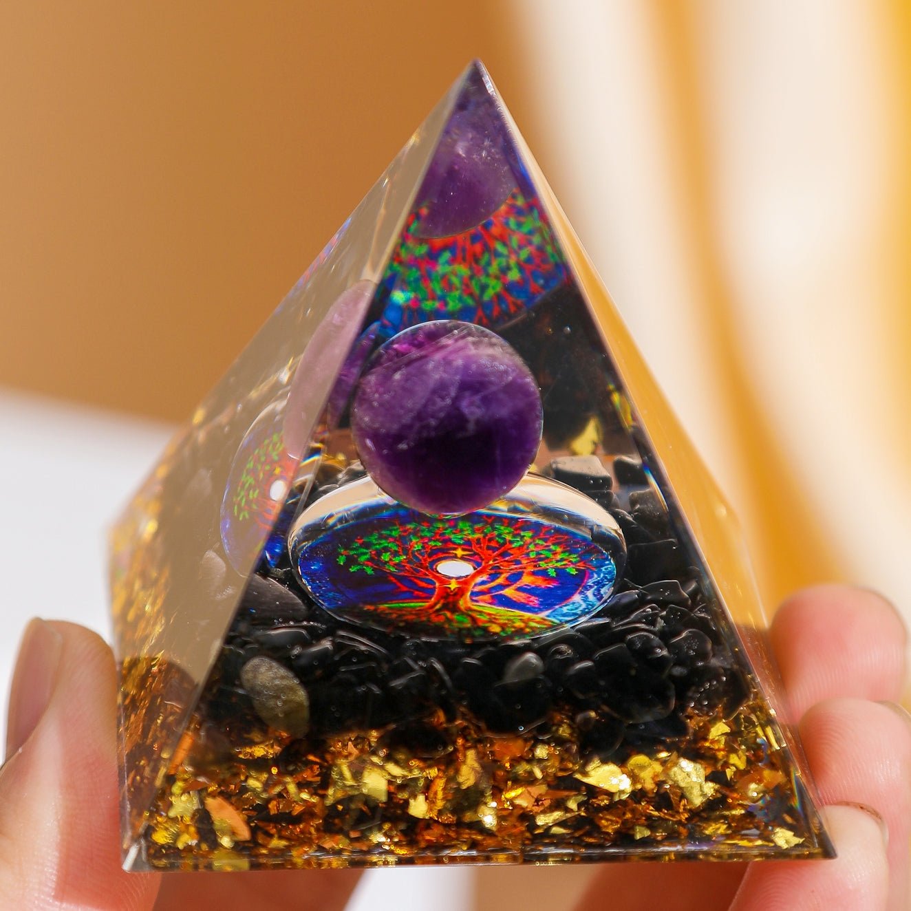 Pyramide Orgonite Arbre de Vie Obsidienne Améthyste - Biloria