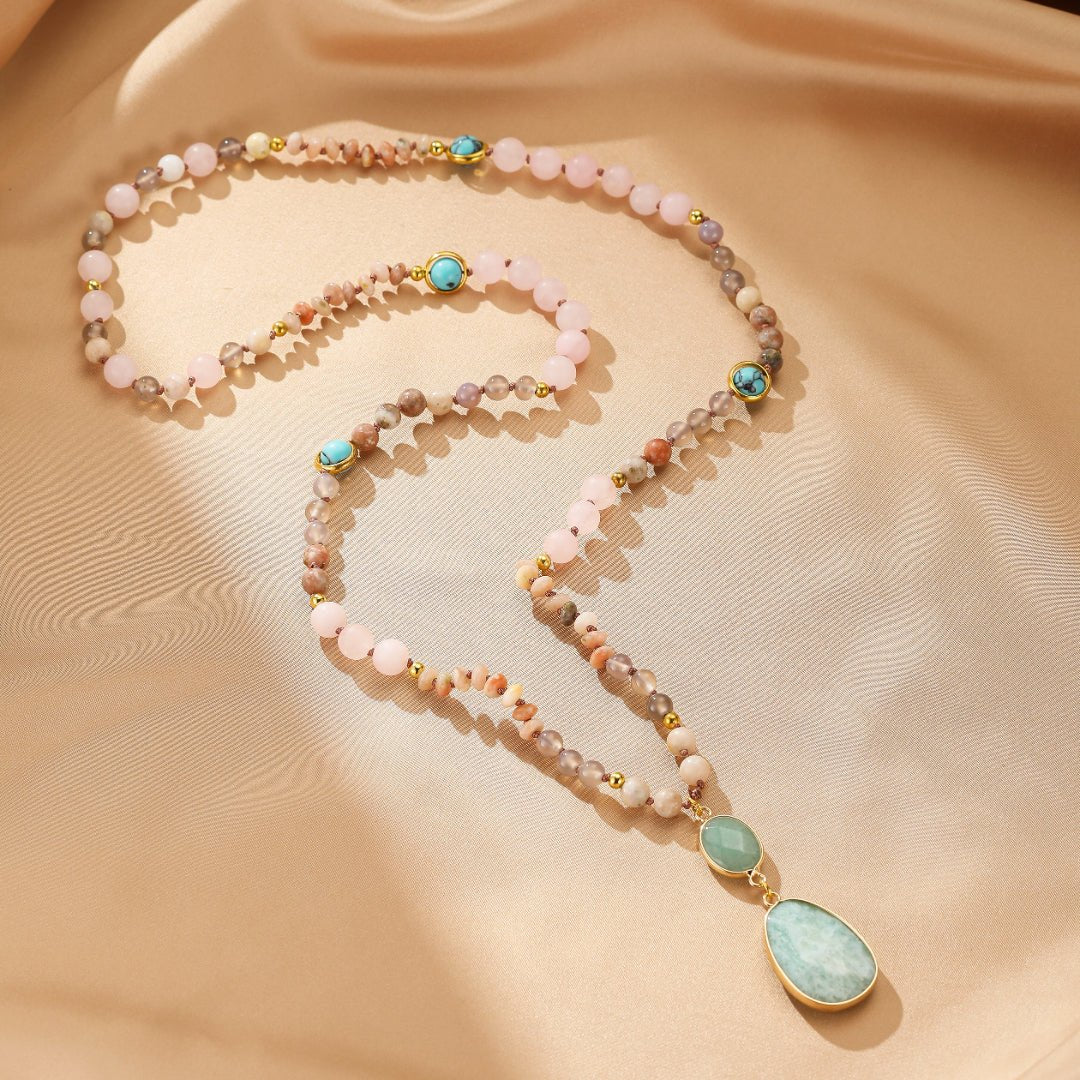 Sautoir Bohème Amazonite et Quartz Rose – Bijou Long Tendance - Biloria
